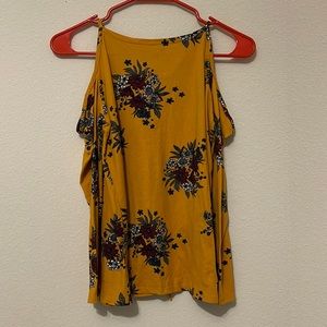 Long sleeve, off the shoulder mustard shirt with flower print